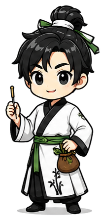 AcuPass acupuncturist avatar — stage 3 of 6, with sash and herb pouch
