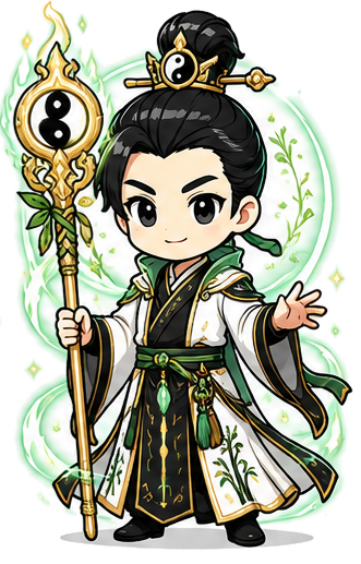 AcuPass master acupuncturist avatar — stage 6 of 6, with qi aura and glowing staff